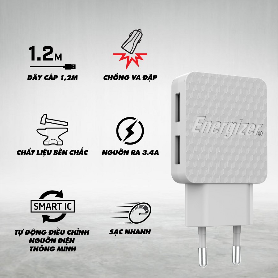 Sạc Energizer 3.4A 2 Cổng USB màu trắng, kèm cáp lightning - AC2CEULLIM