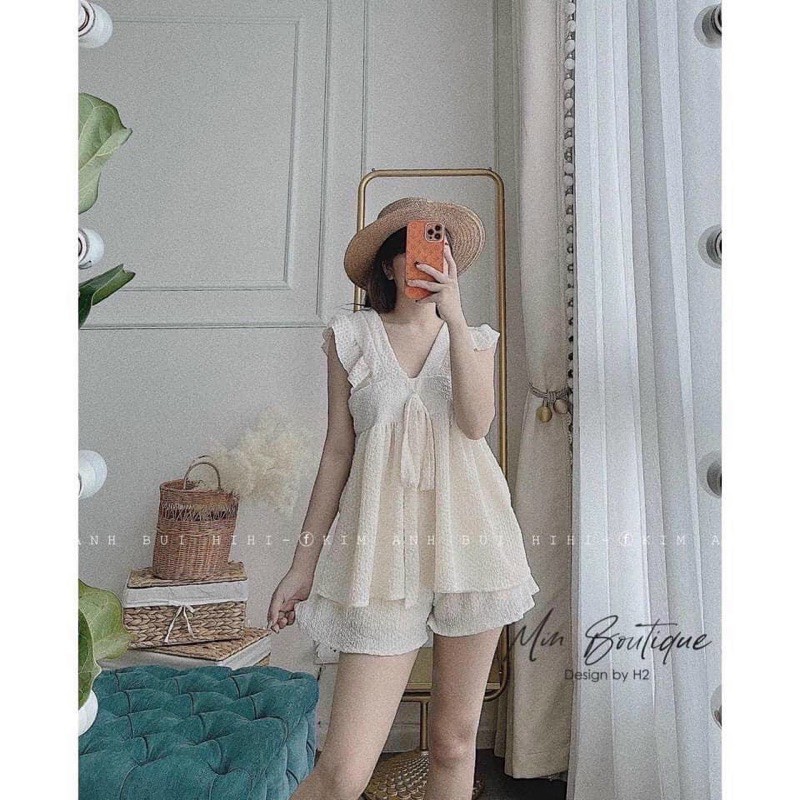 Set bộ xốp cổ v nơ ngực cánh tiên