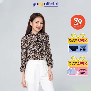 Áo Sơ Mi Yody Nữ Lụa Dài Tay Họa Tiết Da Báo Thanh Lịch SMN4162