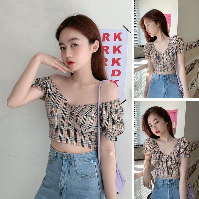 Áo Croptop Tay Ngắn Họa Tiết Sọc Caro Thời Trang Cho Nữ