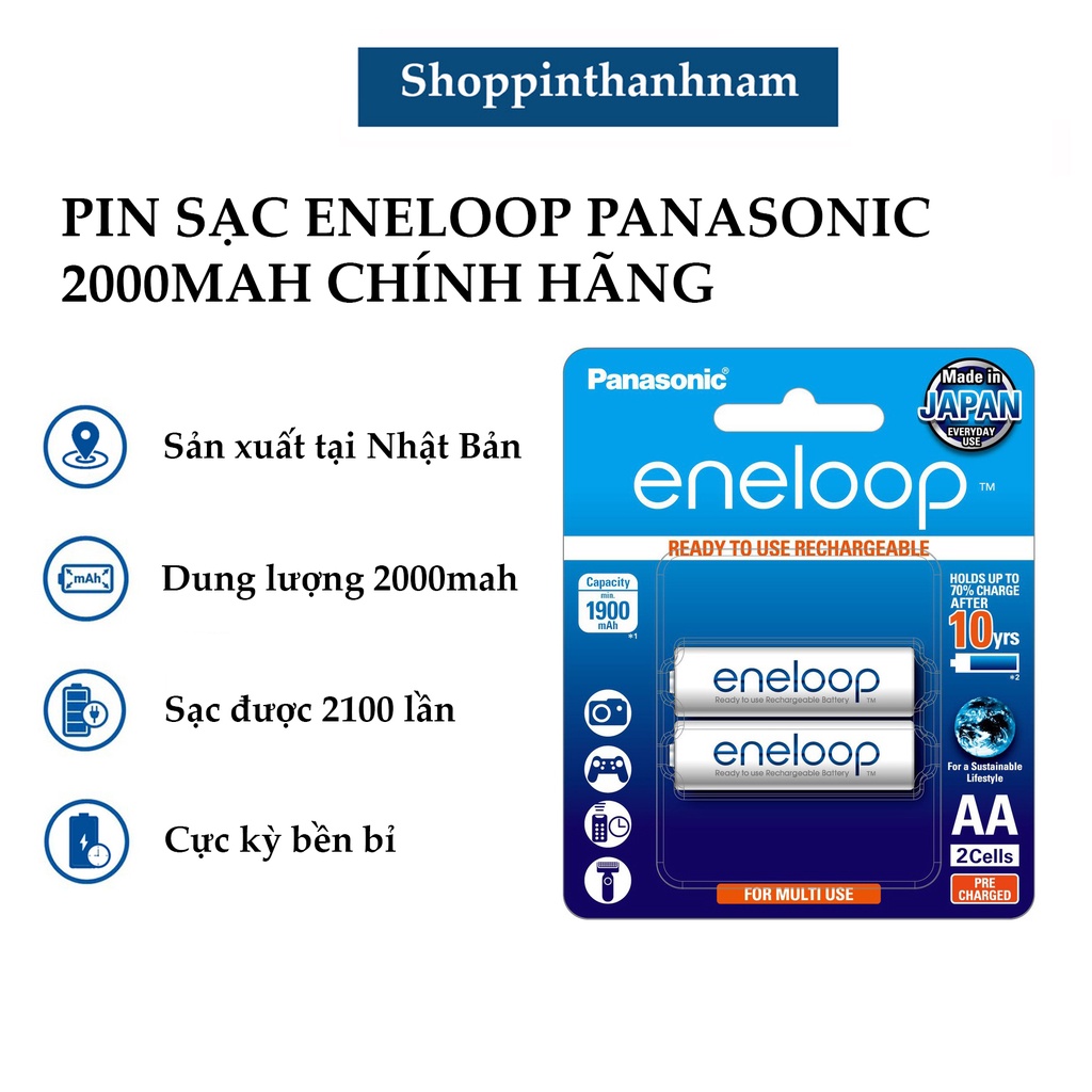 Pin sạc Eneloop AA Panasonic 2000mAh vỉ 2 viên chính hãng