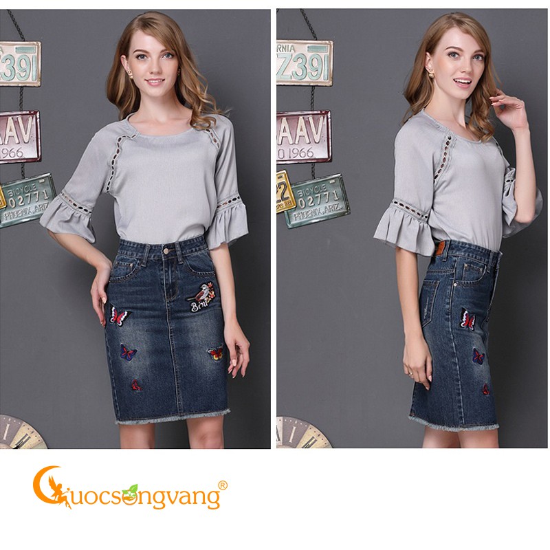 Chân váy ôm lưng cao chân váy jean thêu GLV067 Cuocsongvang