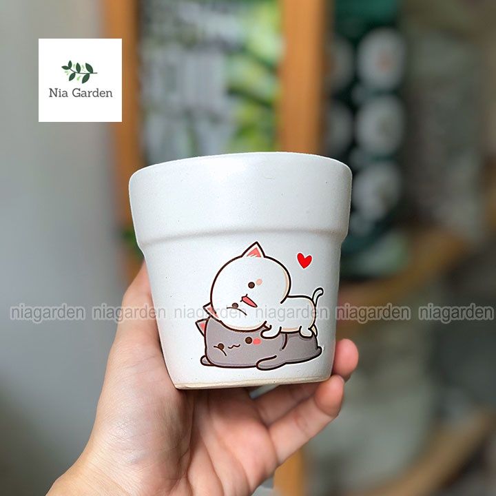 Chậu sứ gờ cao trung in hình trồng cây cảnh sen đá xương rồng mini Nia Garden N2