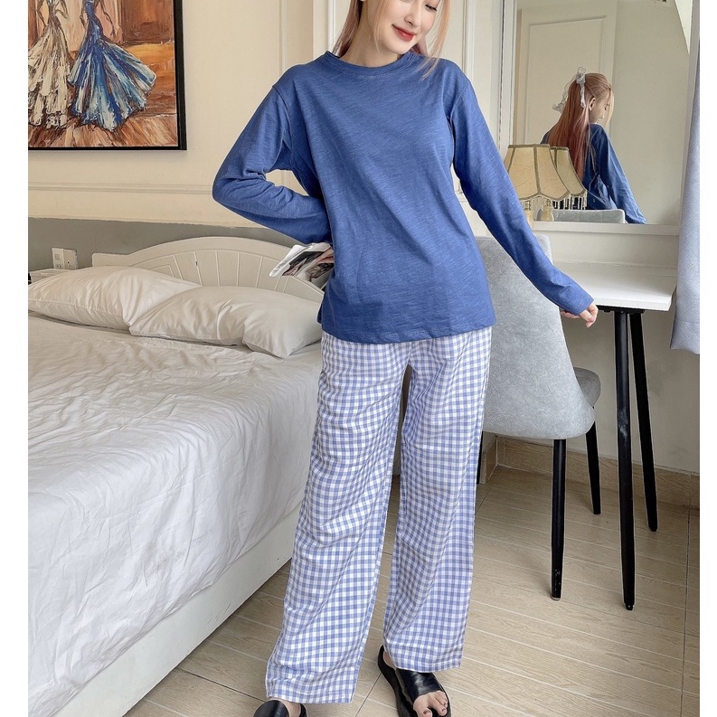 Bộ mặc nhà áo tay dài xược , quần dài kate cotton , Set mặc nhà nữ tay dài xược  ANHSTORE , phong cách Hàn Quốc