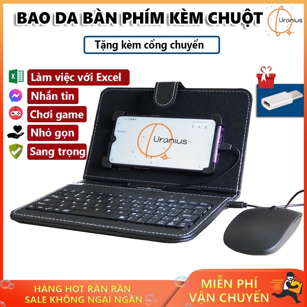 Bàn phím kết nối dây điện thoại, máy tính Android, Bao da bàn phím, Bao da nắp gập kiêm bàn phím tặng kèm chuột, type C.