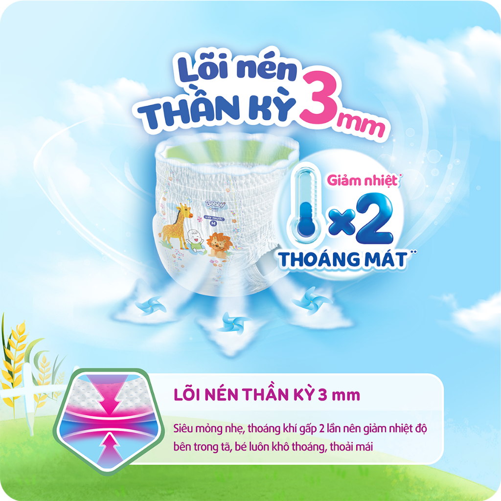 Combo 02 gói Tã quần Bobby 3mm Gạo non Giảm nhiệt Mega Jumbo M112+12/L96+12/XL84+12/XXL76+12