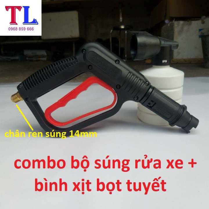 súng xịt rửa xe áp lực cao + Bình tạo bọt tuyết xà bông gắn cho máy rửa xe áp lực cao [bình bọt 0.5L + cò đỏ 14mm ]