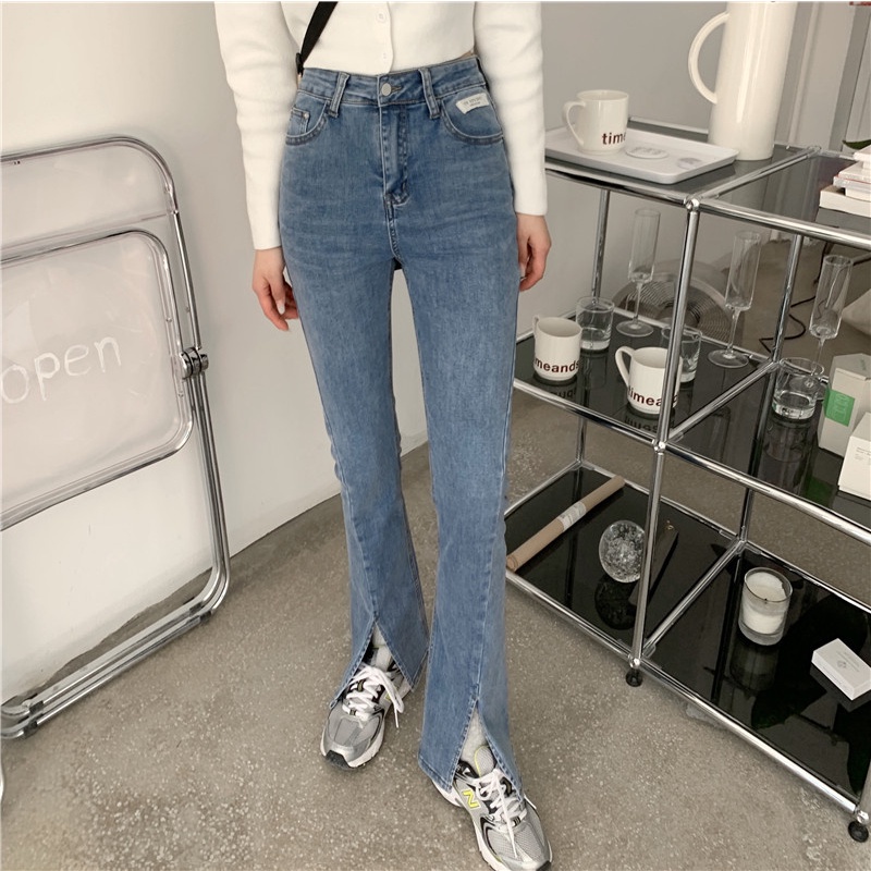 QKOOLE  Quần Jean Dài Eo Cao Vải Mỏng Phong Cách Hàn Quốc Dành Cho Nữ