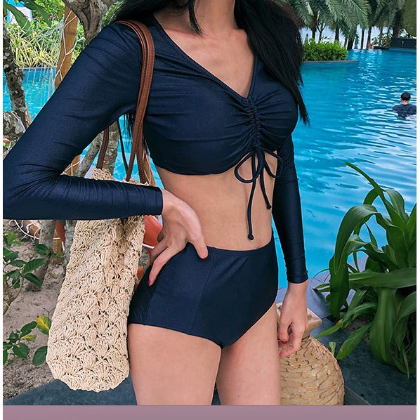 (có sẵn) Đồ bơi/ Bikini/ áo tắm dài tay nhún chun ngực croptop màu đen | BigBuy360 - bigbuy360.vn