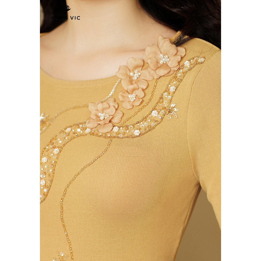 Áo nữ thiết kế Hongvic len vàng kem xẻ tà AL16