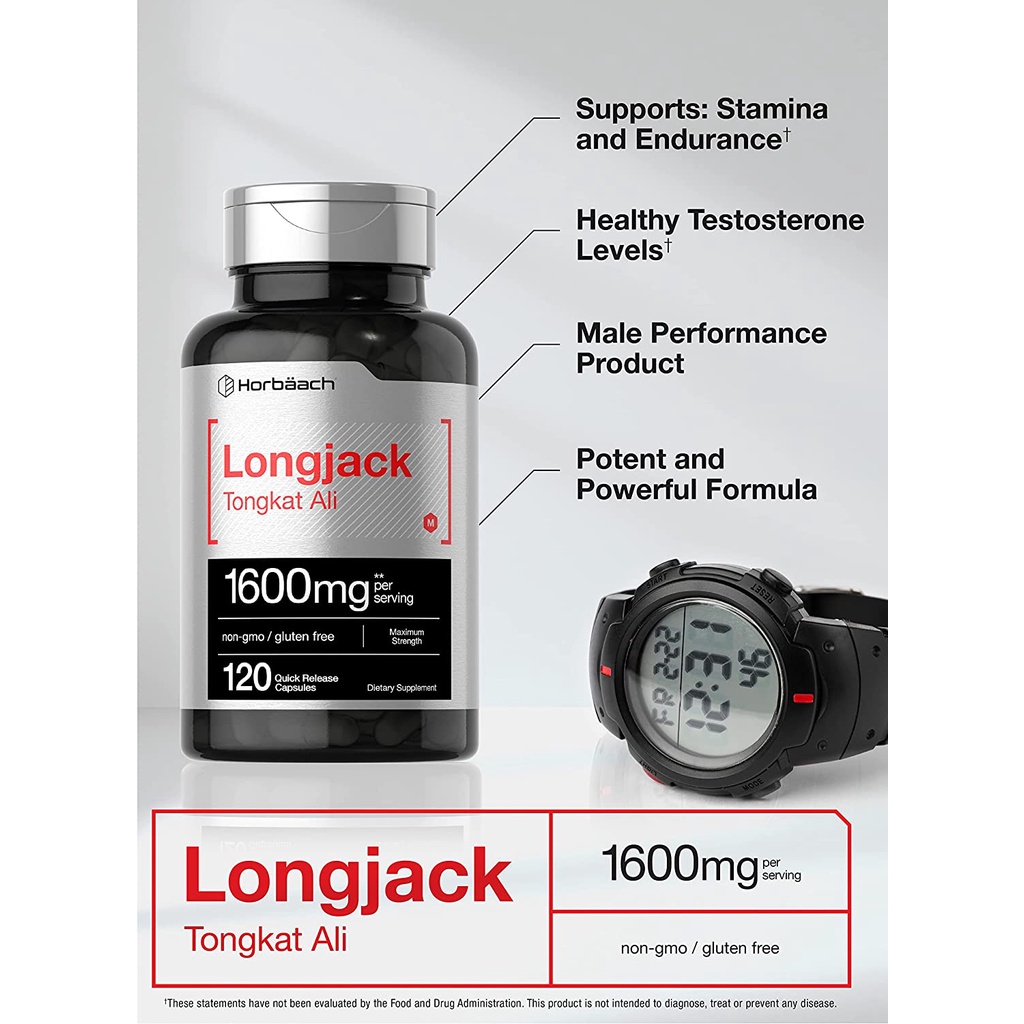 Horbaach Longjack Viên uống Tongkat Ali 1600mg hỗ trợ sức bền, tăng cường sinh lý và giảm căng thẳng 120 viên