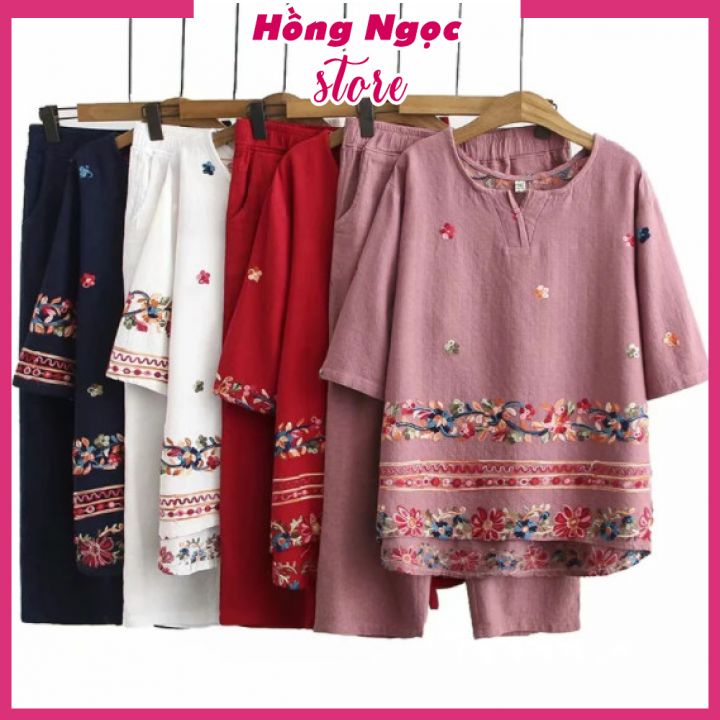 Bộ mặc nhà nữ, chất liệu Đũi mát mẻ, thấm hút mồ hôi, đồ bộ mặc nhà, đồ bộ trung niên nữ, Hồng Ngọc Store
