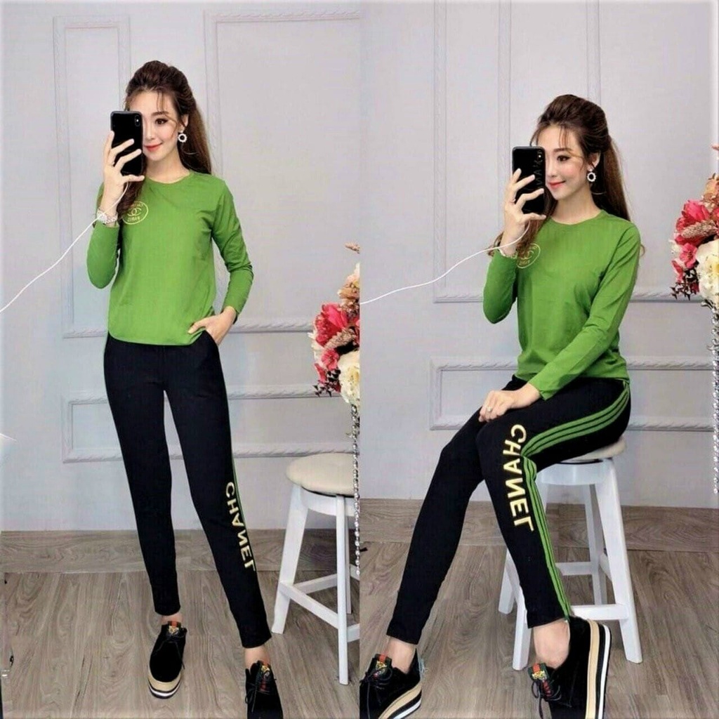 Set Bộ Cotton Tay Dài Logo Thêu Dáng Thể Thao Cực Xinh -  Mẫu Mặc Sp Thật