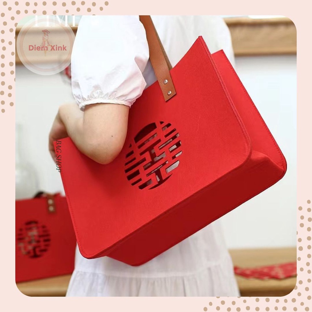 Túi Đeo Vai Nữ, Túi Đựng Quà Chữ Hỉ Đi Chơi Tết Đám Cưới Vải Nỉ Dày Quai Da Mềm Cực Đẹp Dành Cho Dịp Cuối Năm Giá Rẻ-T7