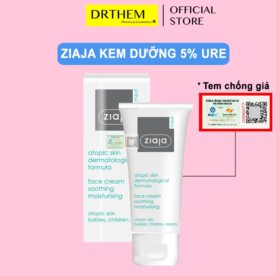 Kem Dưỡng Ziaja Med 5% Ure Dịu Nhẹ Dưỡng Ẩm 50ml, Atopic Skin Dermatological Formula Atopy Urê - Dr Thêm