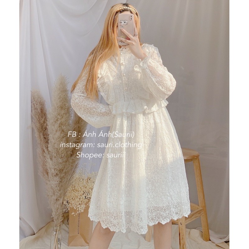 SẴN🖤Đầm xoè babydoll trắng ren tiểu thư xinh xắn dạo phố|Đầm công chúa ulzzang cổ trụ bèo dễ thương