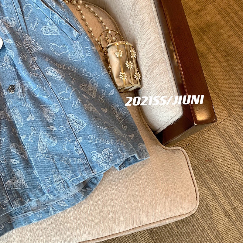 Đầm Denim Tay Phồng In Họa Tiết Trái Tim Thời Trang Mùa Hè Mới Cho Nữ 2021