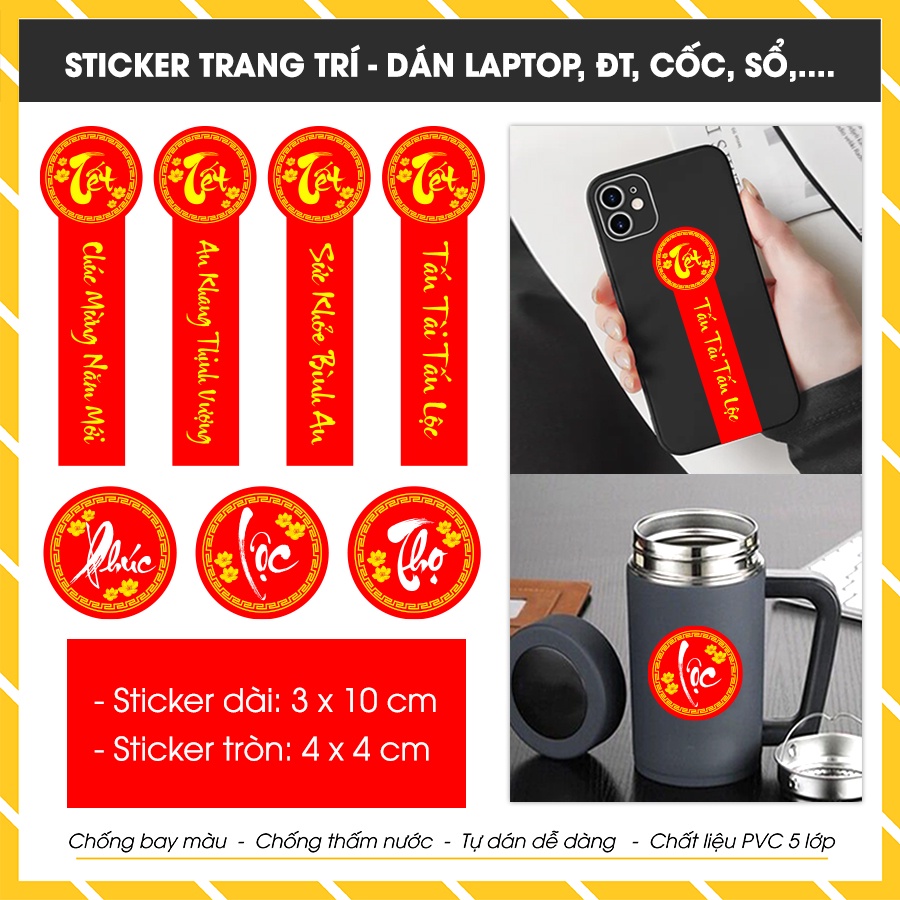 Tem Niêm Phong Hàng Tết | Sticker Chúc Tết Chữ Phúc Lộc Thọ , Chúc Mừng Năm Mới 2022 Cắt Sẵn Kích Thước 3 - 10 Cm