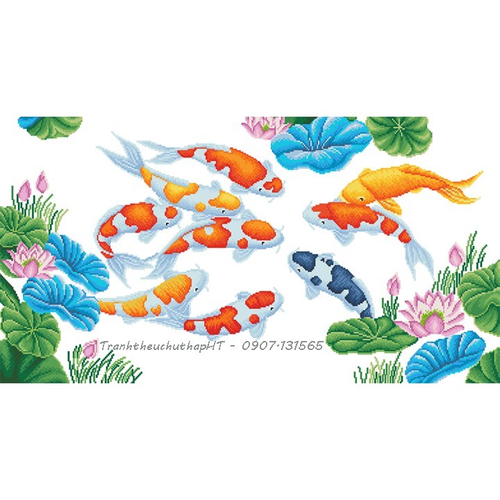 Tranh đính đá, Tranh thêu chữ thập 3D Cửu ngư quần hội LV062, LV3042 - tự thêu, tự đính