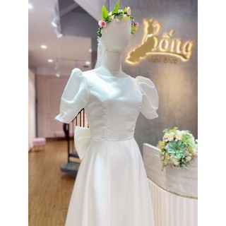 Đầm cưới Phi nhật lửng kín lưng đuôi nơ DC971