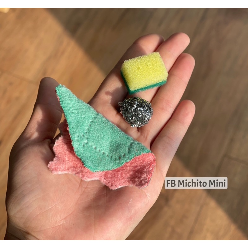 Mô hình set rửa chén 3 món mini cho nhà búp bê - khăn, mút , cọ nồi