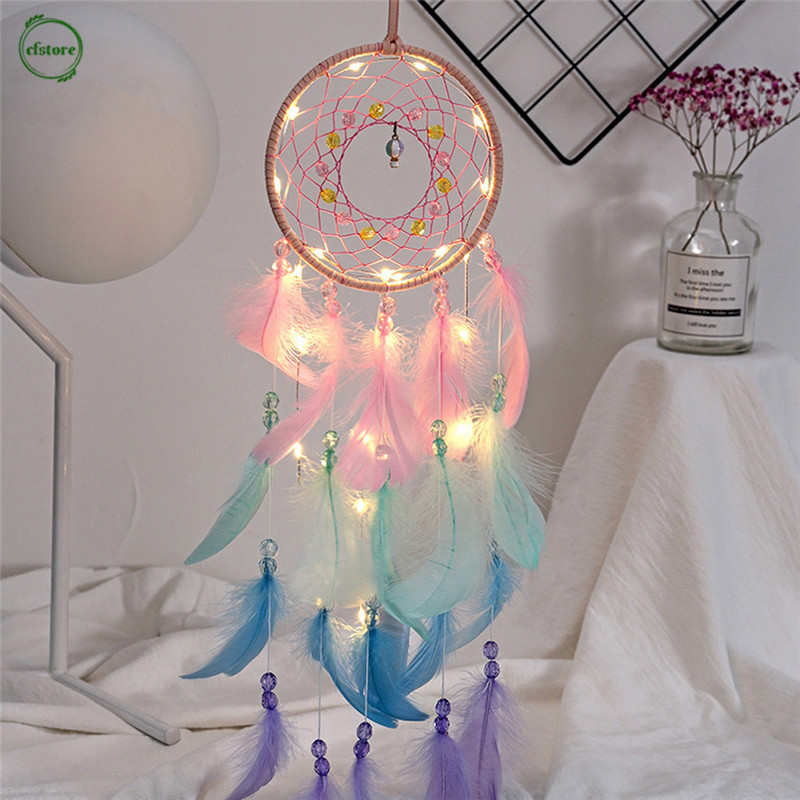 Dreamcatcher treo tường gắn lông vũ có đèn led trang trí nhà cửa