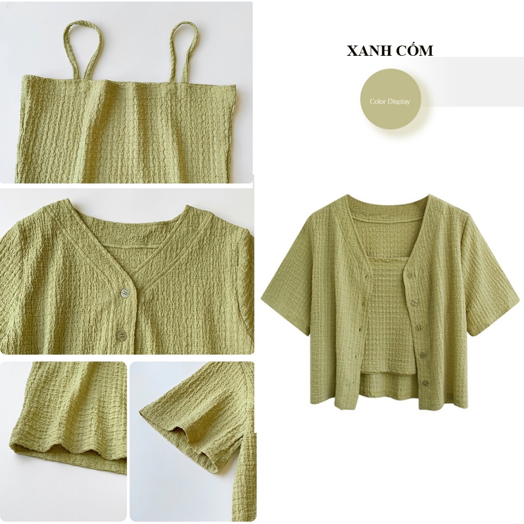 Set đồ nữ gồm áo Cadigan Croptop cổ V tay ngắn và áo 2 dây S8391 cao cấp Bộ nữ đẹp nhiều màu bánh bèo đi chơi sang chảnh