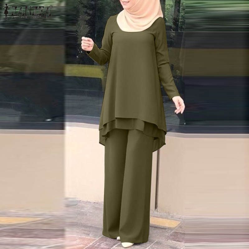 Bộ đồ Hồi Giáo ZANZEA dáng suông lưng thun hai lớp viền ren không đều cho nữ