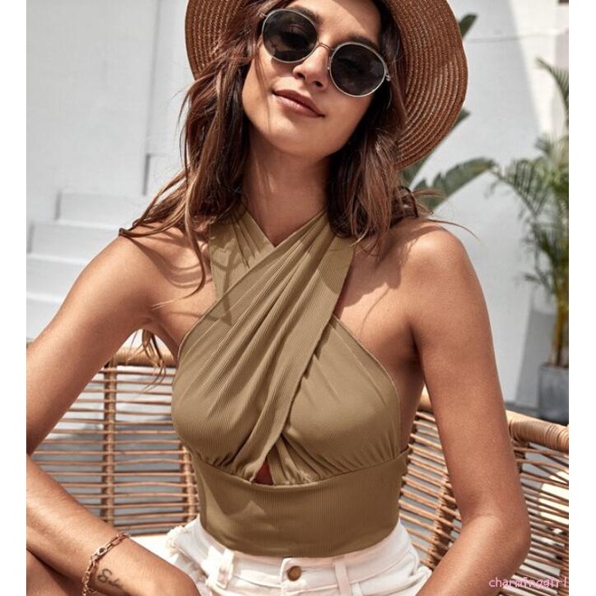 Áo Croptop Không Tay Cổ Yếm Màu Trơn Thiết Kế Quyến Rũ Thời Trang Cho Nữ