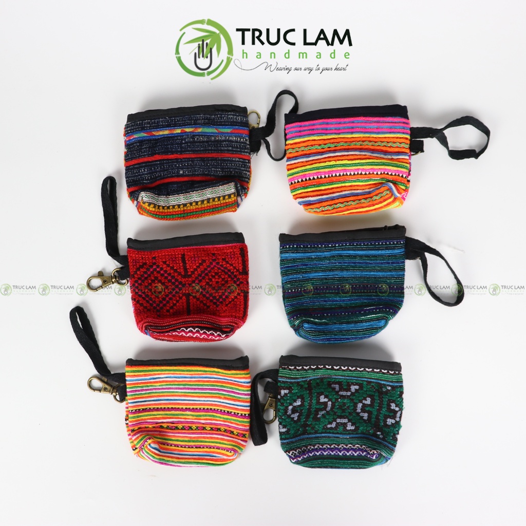 Ví Xu Mini Cầm Tay Móc Chìa Khóa Vải Thổ Cẩm Thêu Tay Trúc Lâm Handmade