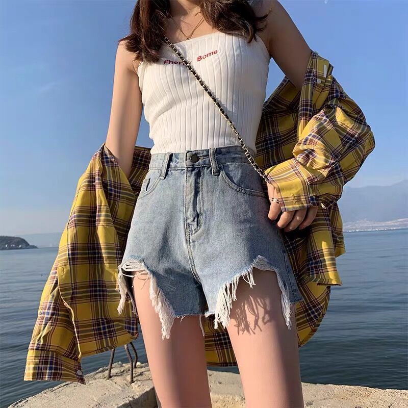 Quần Short Denim Lưng Cao Dáng Chữ A Ống Rộng Thời Trang Mùa Hè Phong Cách Hàn Quốc Mới Cho Nữ