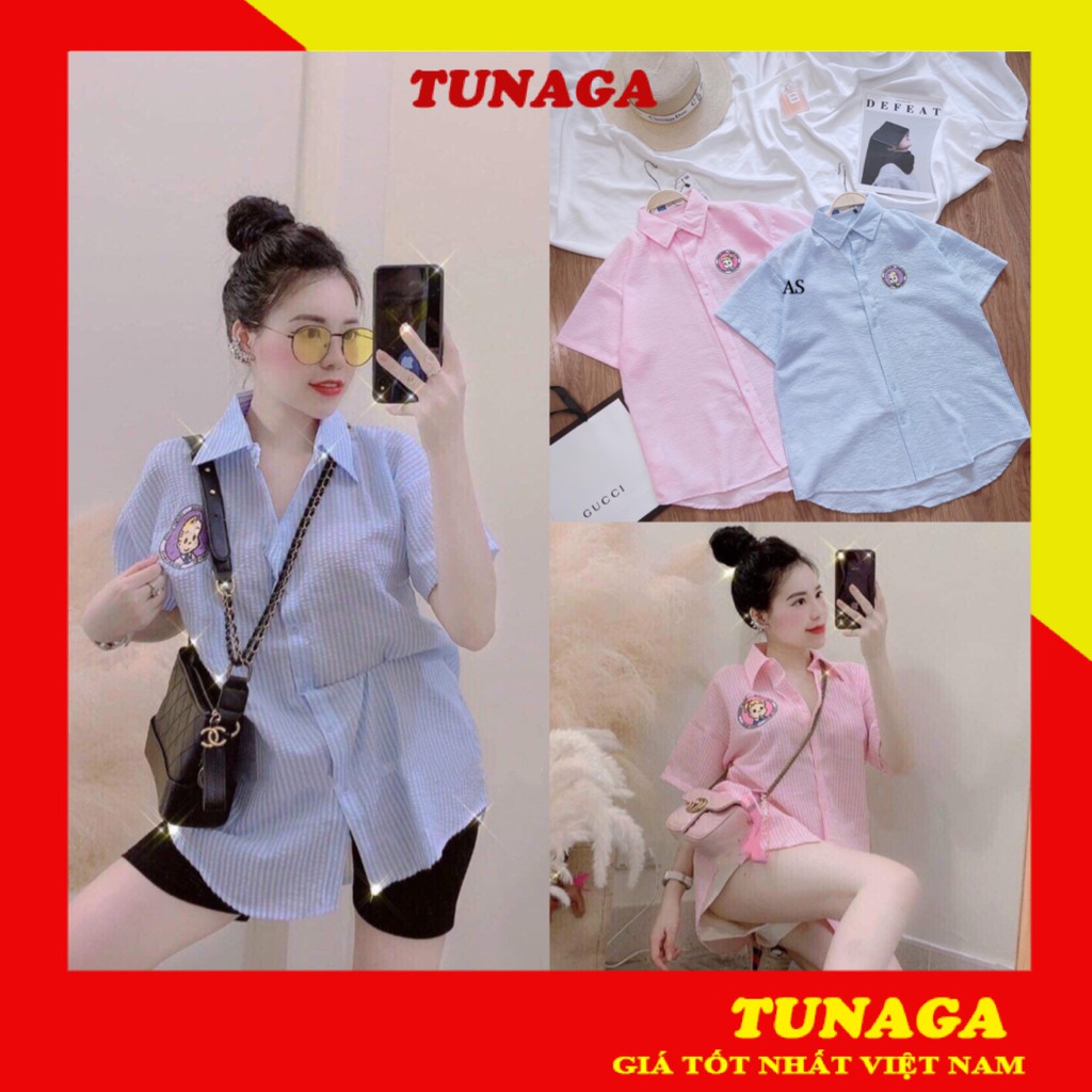 Áo Sơ Mi Xốp Cô Gái, Áo Kiểu Nữ Màu Kẻ Phối Chân Váy +Quần Jeans Siêu Sang Chảng