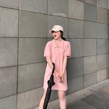 Đầm polo ZHELIHANGFEI ngắn tay dáng rộng họa tiết sọc xinh xắn dành cho nữ