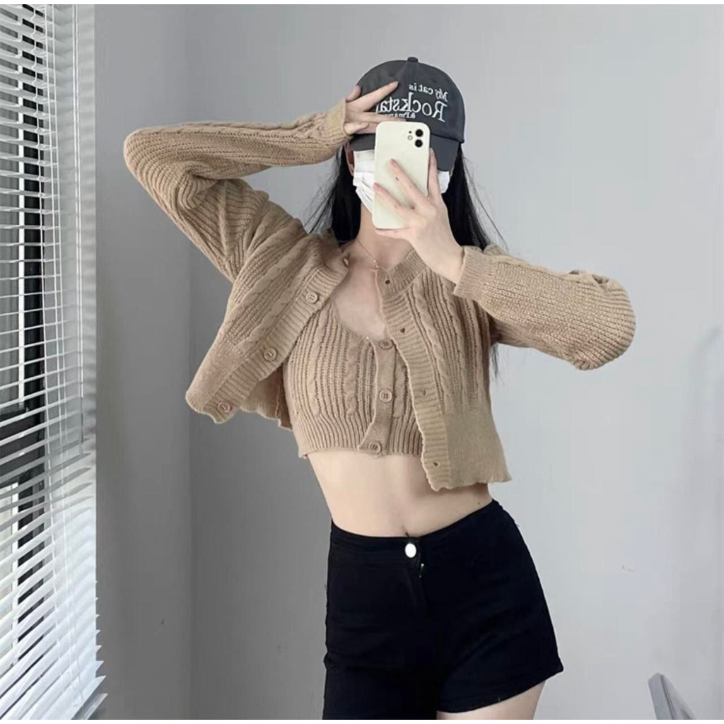 Set 2 món áo 2 dây + áo khoác len trẻ trung cá tính DA99