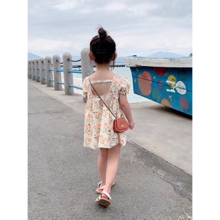VÁY HOA MẸ BÉ VÀNG BUỘC ĐAI LƯNG