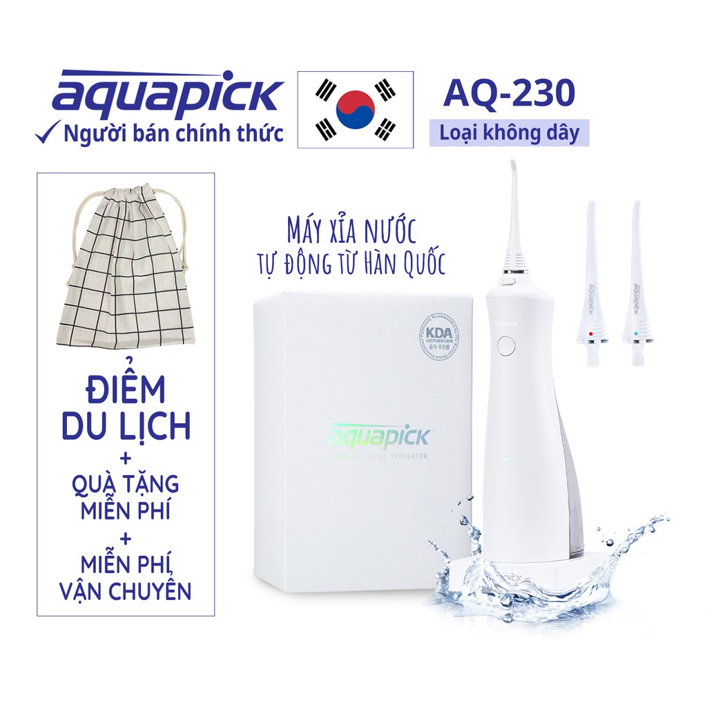 Aquapick AQ230 + Túi du lịch / Dụng cụ làm sạch răng bằng nước không dây, Máy tăm nước cầm tay và có thể sạc lại / Chống thấm nước IPX7