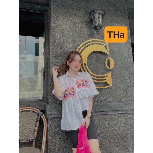 Set áo vạt lệch quần ngố lửng hoạt hình dễ thương