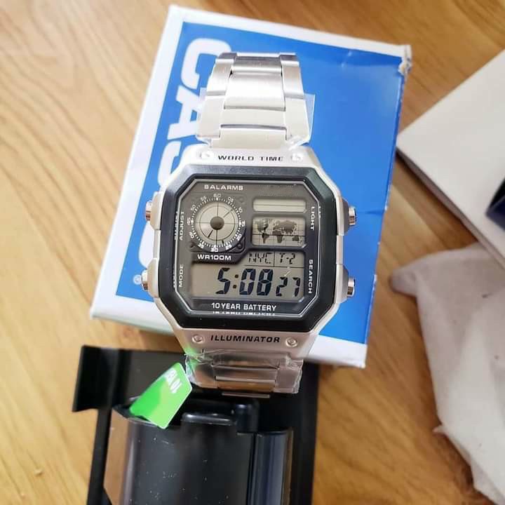 Đồng hồ điện tử world time AE 1200-WHD classic phong cách thời thượng chống nước chế độ ATM, dây thép không gỉ