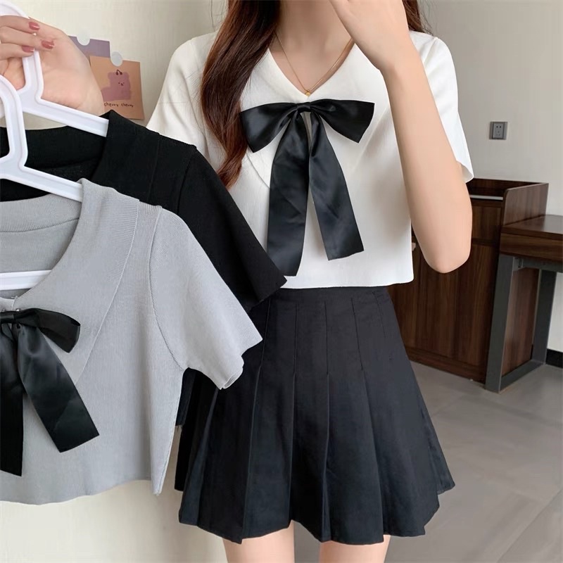 áo len dệt kim mix nơ ruy băng (58048#)