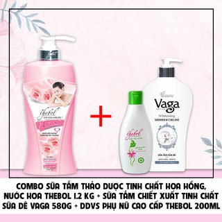 Combo sữa tắm tinh chất hoa hồng Thebol 1200g + Sữa tắm sữa dê Vaga 580g+ Dung dịch vệ sinh phụ nữ Thebol 200g