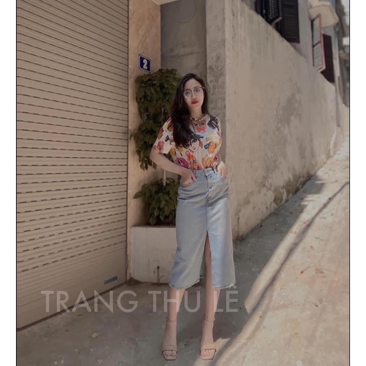 Chân váy jeans xanh xẻ trước dáng dài