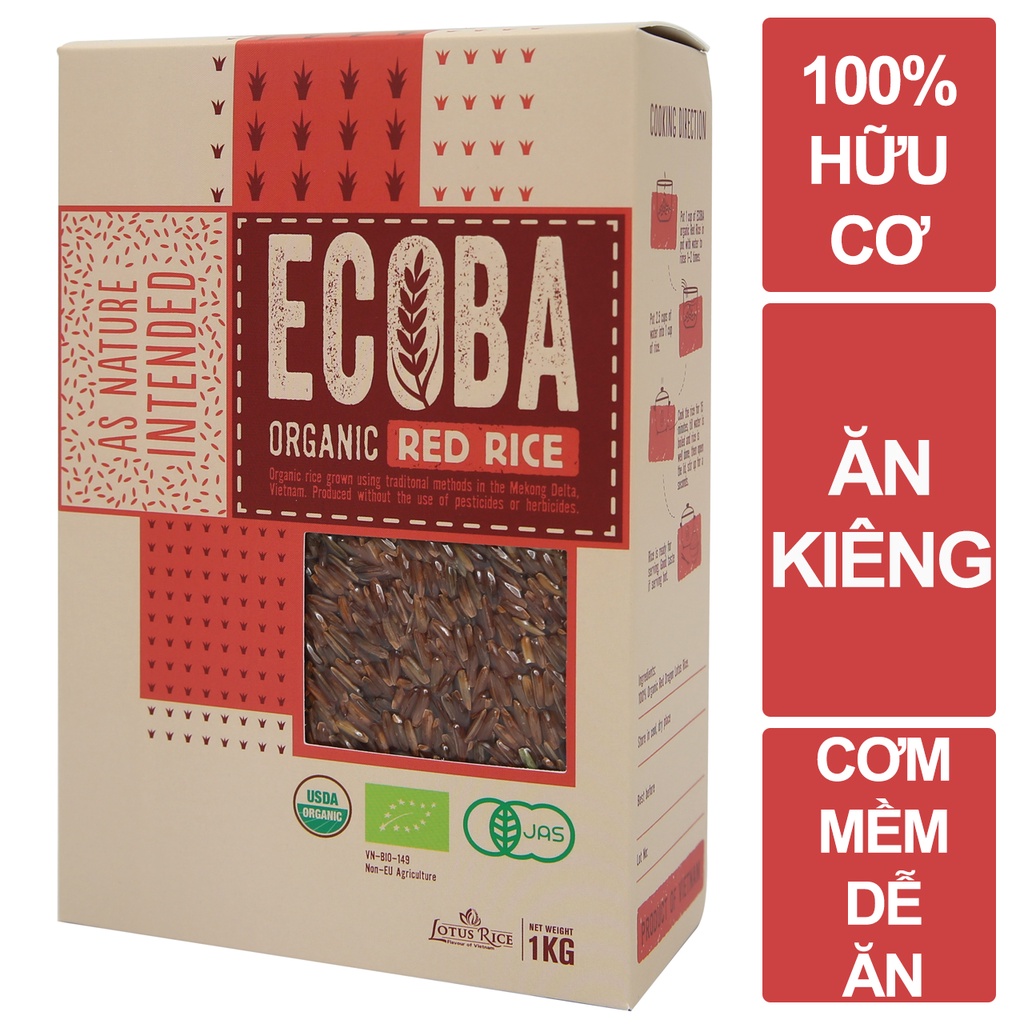 Gạo lứt đỏ ăn kiêng 100% hữu cơ - ECOBA Huyết Rồng 1kg - Mềm bùi dễ ăn - Chứng nhận hữu cơ quốc tế in trên hộp