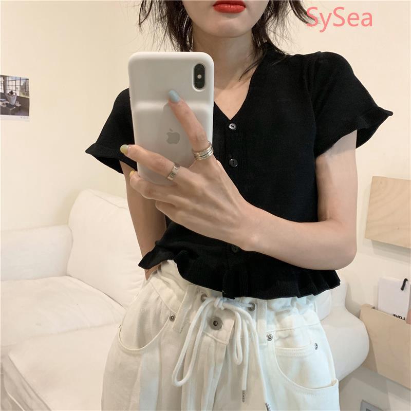 Áo croptop dệt kim ngắn tay màu trơn mùa hè cho nữ