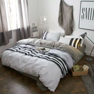 set chăn ga poly cotton xám sọc