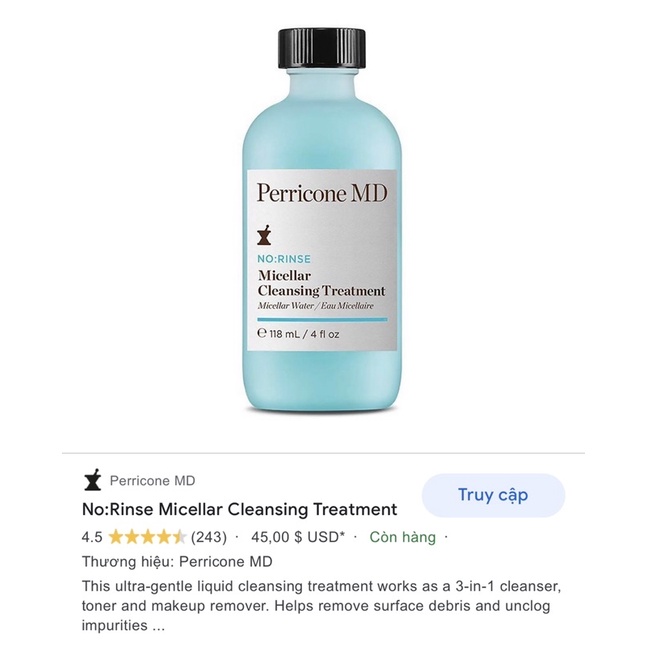 Toner - tẩy trang Perricone MD No:Rinse Micellar Cleansing Treatment fullsize 118ml