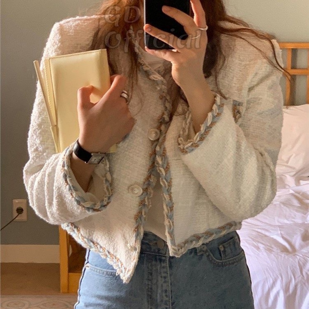 K5|Áo khoác dạ ấm cổ tròn croptop dáng rộng thẳng có túi nữ tay dài chất tweed sang trọng màu trắng GD Official