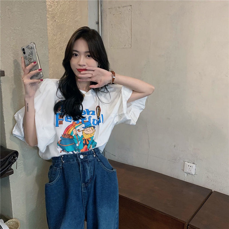 Áo Thun Nữ Tay Ngắn Dáng Rộng in Họa Tiết Hoạt Hình Phong Cách Hàn Quốc