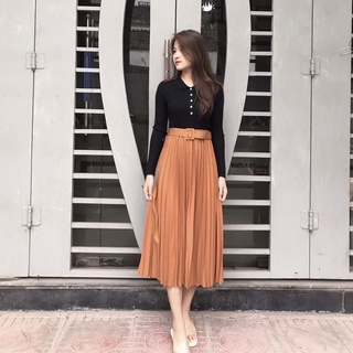 Chân váy dài xếp ly kèm đai cao cấp