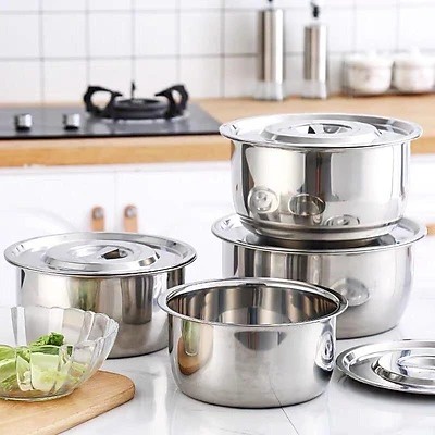 Bộ Nồi Inox, Thố Inox, Bát inox, Chậu Inox 5 Món STOCK POT Không Quai Đủ Kích Cỡ Siêu Tiện Lợi Đa Năng