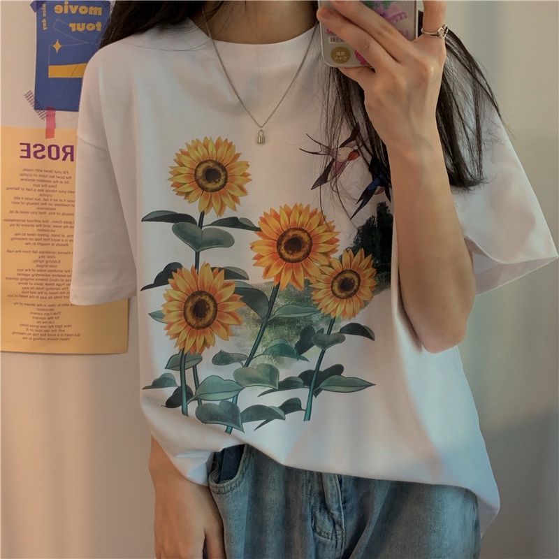 Áo Thun Tay Ngắn Nữ Oversize In Hình Hoa Hướng Dương